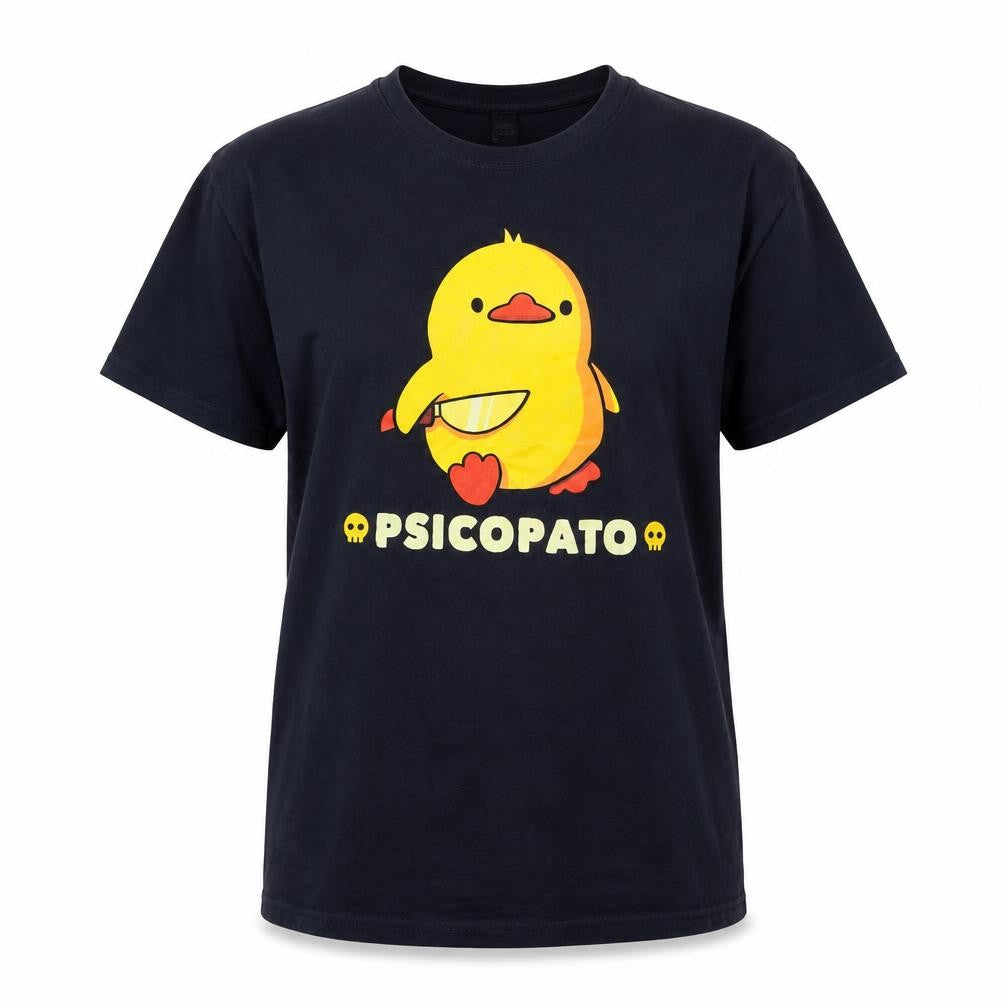 Front view of Pampling unisex black funny duck graphic cotton t-shirt, size L
