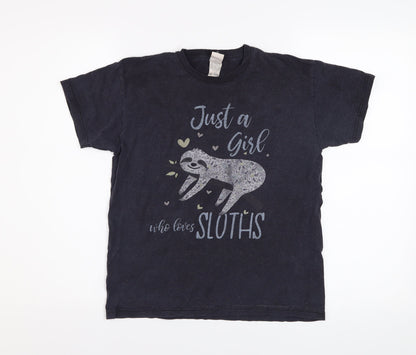 Fruit of the Loom Girls Black Sloth Graphic Cotton T-Shirt 9-11 Years