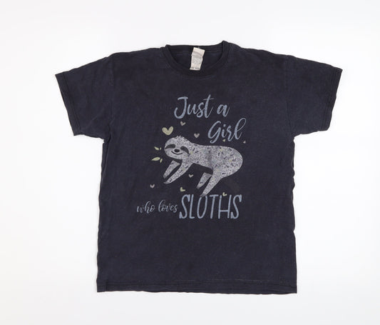 Fruit of the Loom Girls Black Sloth Graphic Cotton T-Shirt 9-11 Years