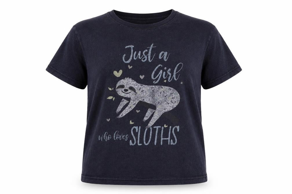 Front view of Fruit of the Loom girls’ black sloth graphic cotton t-shirt 9-11 years