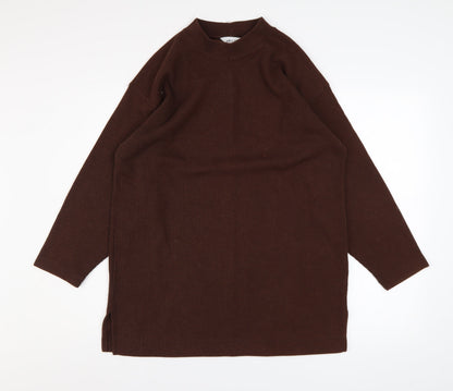 BHS Women Brown Mock Neck Long Sleeve Ribbed Tunic Jumper Size 14-16