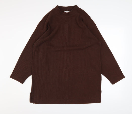 BHS Women Brown Mock Neck Long Sleeve Ribbed Tunic Jumper Size 14-16