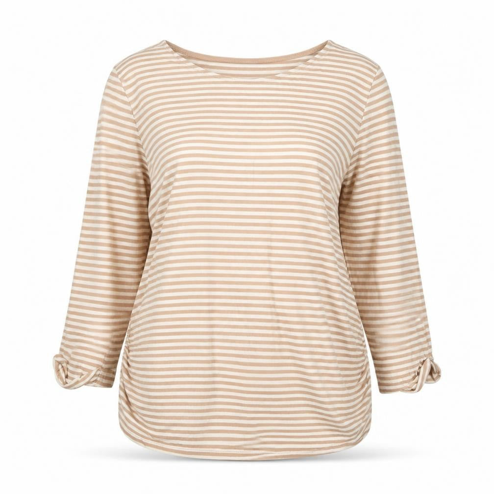Front view of New Look Maternity Beige Striped 3/4 Sleeve Crew Neck Cotton T-Shirt UK 16