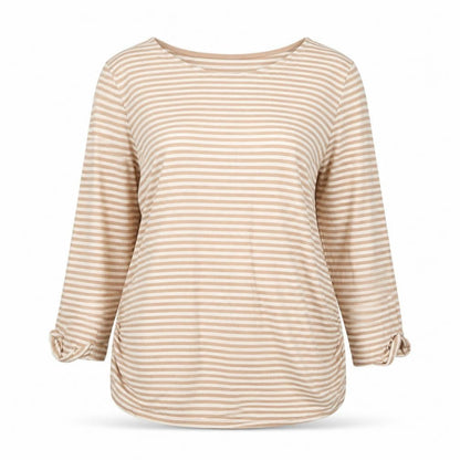 Front view of New Look Maternity Beige Striped 3/4 Sleeve Crew Neck Cotton T-Shirt UK 16
