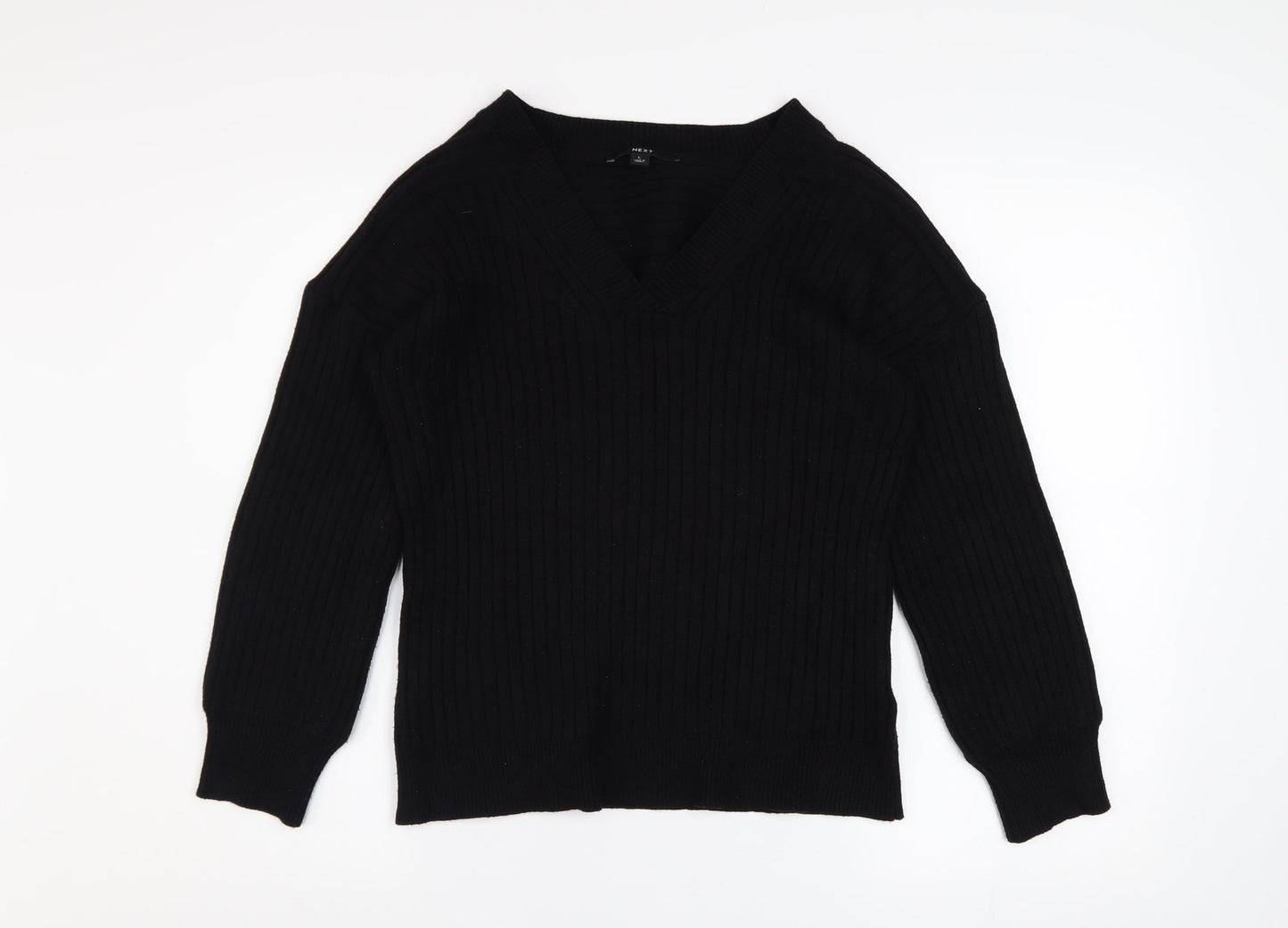 NEXT Womens Black V-Neck Ribbed Pullover Jumper Size L