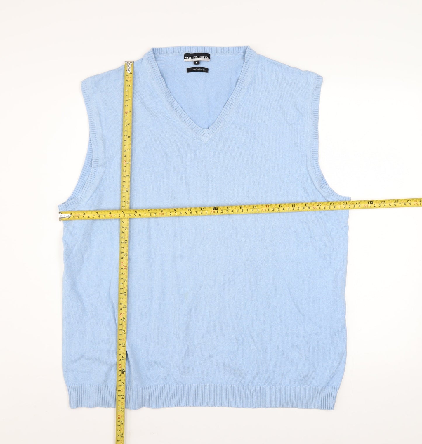 Austin Reed Mens Blue Cotton Cashmere V-Neck Sleeveless Jumper L