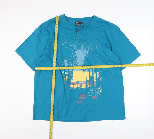 Atlas For Men Men's Blue 2XL Henley T-Shirt with Beach Print