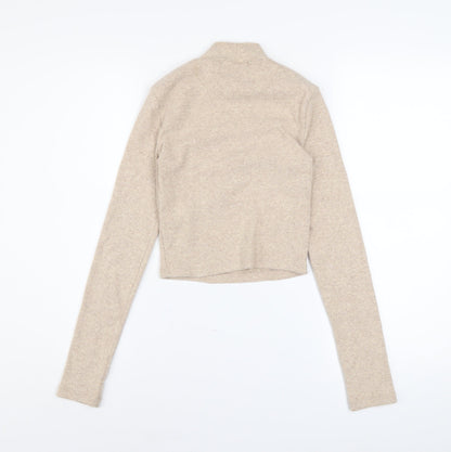 Bershka Women’s Beige Mock Neck Slim Fit Knit Jumper Size 8