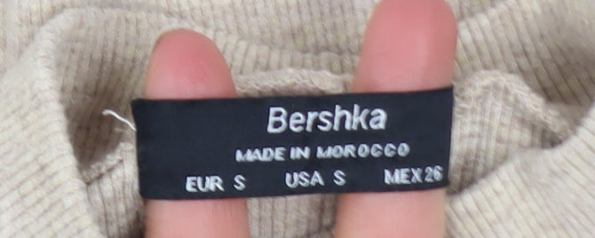 Bershka Women’s Beige Mock Neck Slim Fit Knit Jumper Size 8