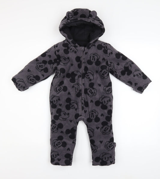 Disney Baby Grey Mickey Mouse Fleece Hooded Coverall 12-18 Months