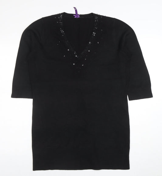BHS Women's Black Sequin V-Neck Tunic Top Size 16 Acrylic Knit