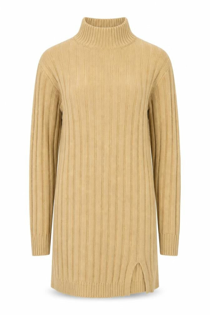 Front view of Missguided Women Beige Ribbed Knit Long Sleeve Jumper Dress, size 10
