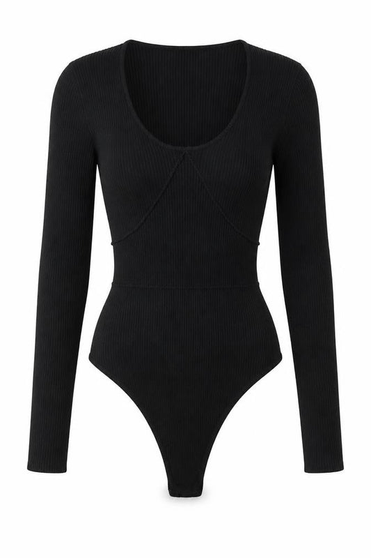 Missguided Women Black Ribbed Long Sleeve Bodysuit UK 8