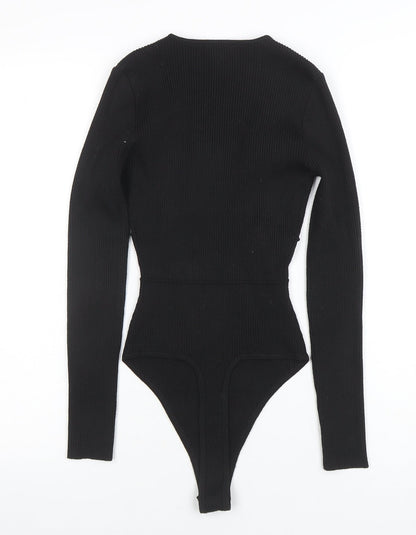 Missguided Women Black Ribbed Long Sleeve Bodysuit UK 8