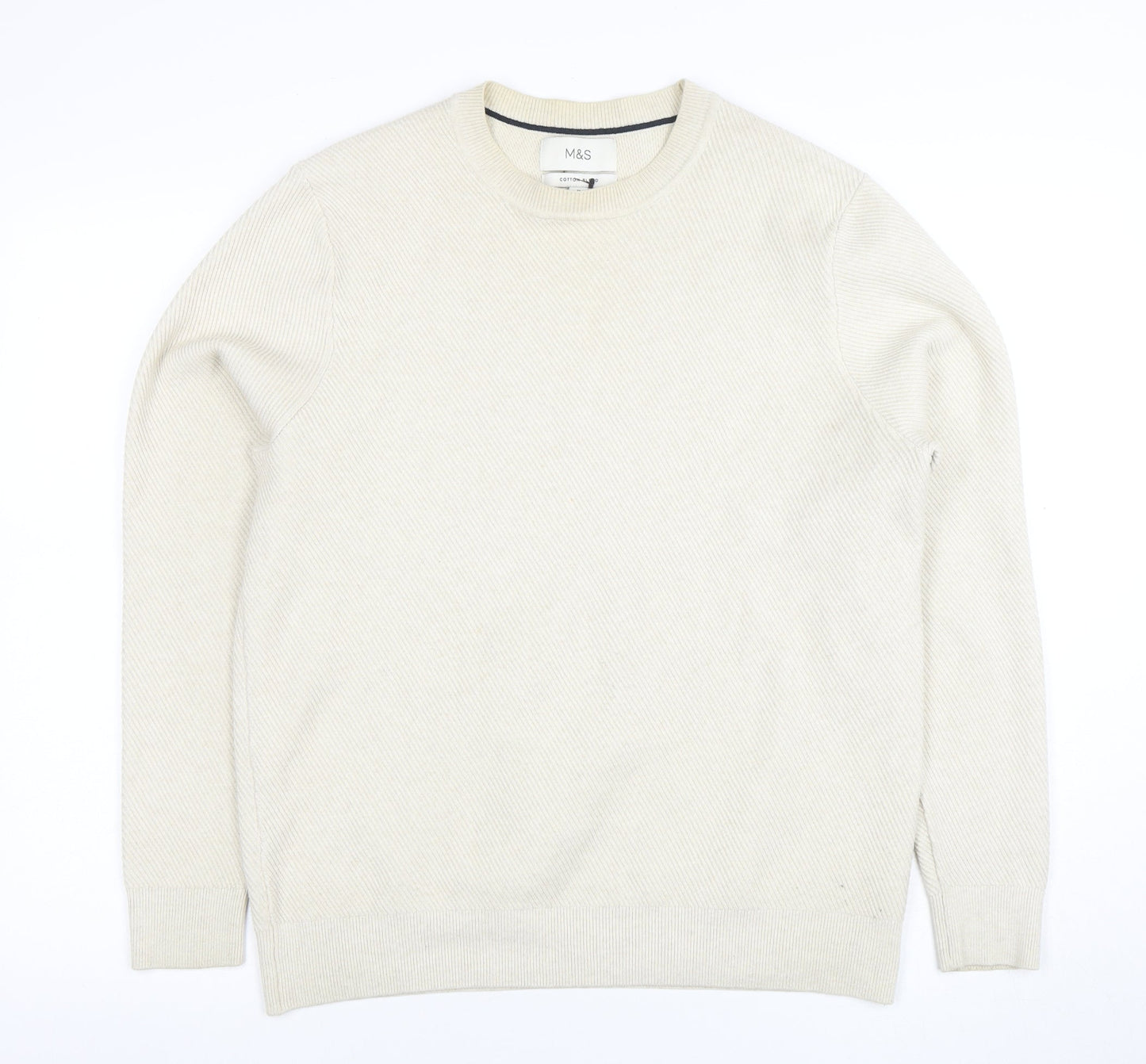 Marks and Spencer Men's Beige Cotton Blend Crew Neck Jumper M