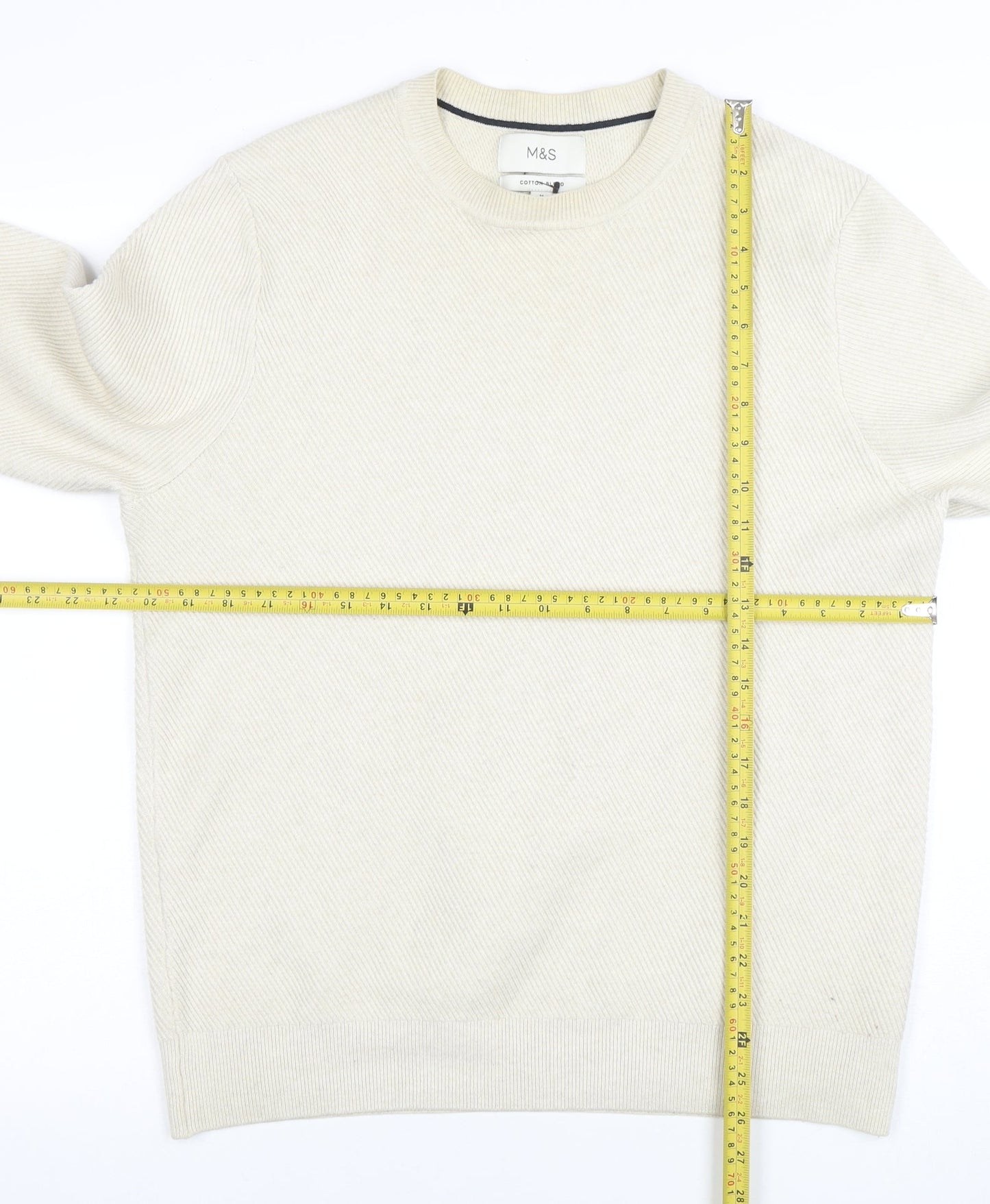 Marks and Spencer Men's Beige Cotton Blend Crew Neck Jumper M