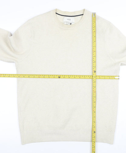 Marks and Spencer Men's Beige Cotton Blend Crew Neck Jumper M