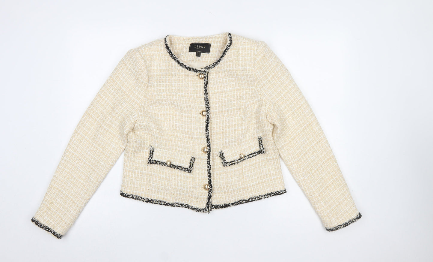 Lipsy Women Beige Bouclé Tweed Blazer Jacket UK 10 Long Sleeve Lined