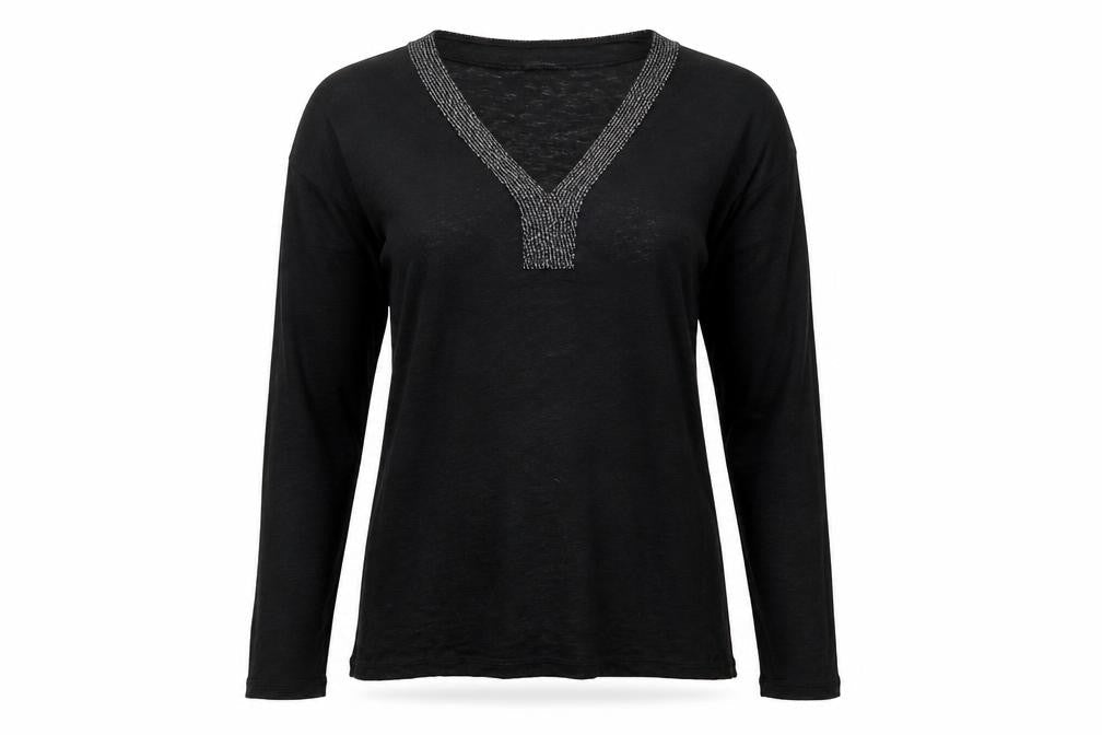 Esprit Women's Black Long Sleeve V-Neck Beaded Cotton Blouse Size S