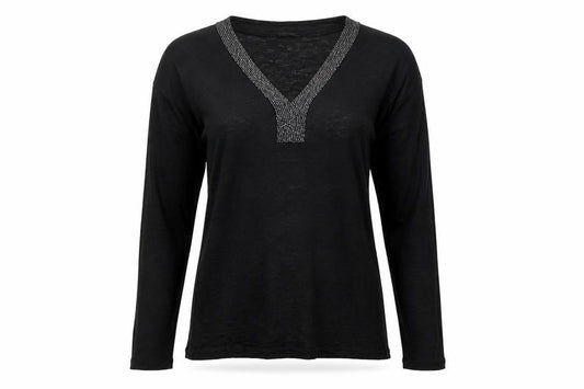 Esprit Women's Black Long Sleeve V-Neck Beaded Cotton Blouse Size S