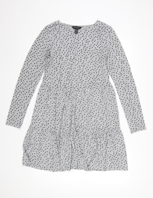 New Look Women Grey Polka Dot Skater Dress Size 12 Long Sleeve