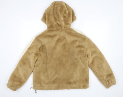 Bershka Women Beige Faux Fur Hooded Zip Puffer Jacket Size S