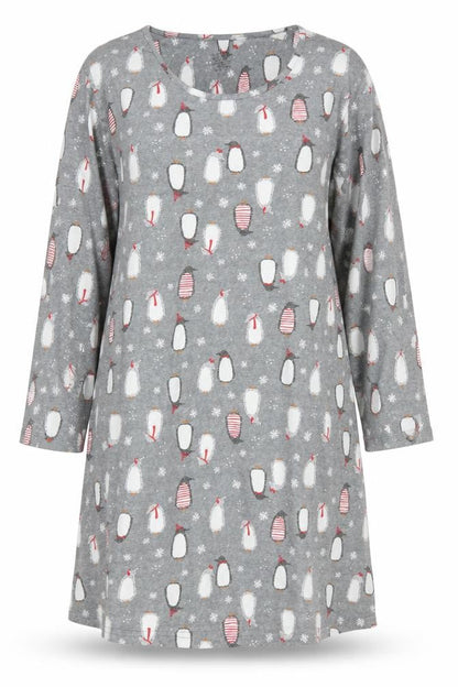 Phaeong Womens Grey Penguin Print Long Sleeve Nightshirt XL