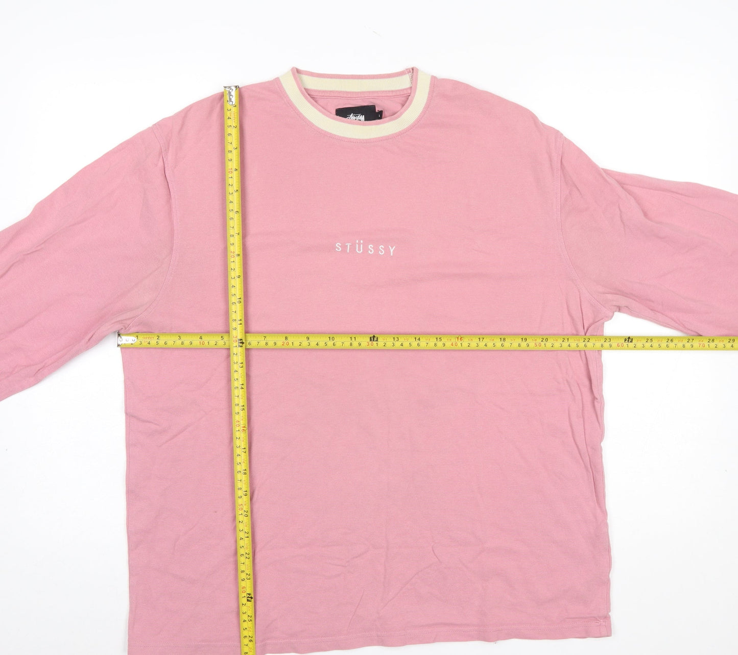 Stüssy Men’s Pink Long Sleeve Crew Neck Cotton T-Shirt Size L