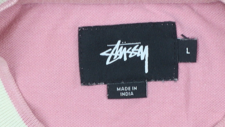Stüssy Men’s Pink Long Sleeve Crew Neck Cotton T-Shirt Size L