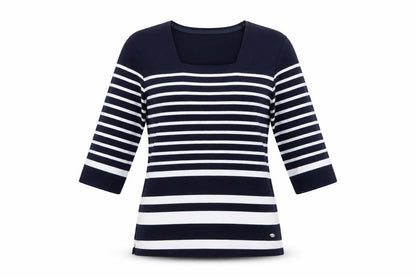 TIGI Womens Blue Striped 3/4 Sleeve Square Neck Top Size 10