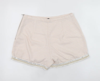 River Island Women Beige Chino Shorts Size 14 Embroidered Fringe
