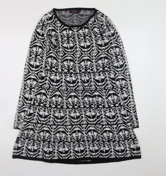 Cristina Women Black Geometric Knit A-Line Dress M Long Sleeve