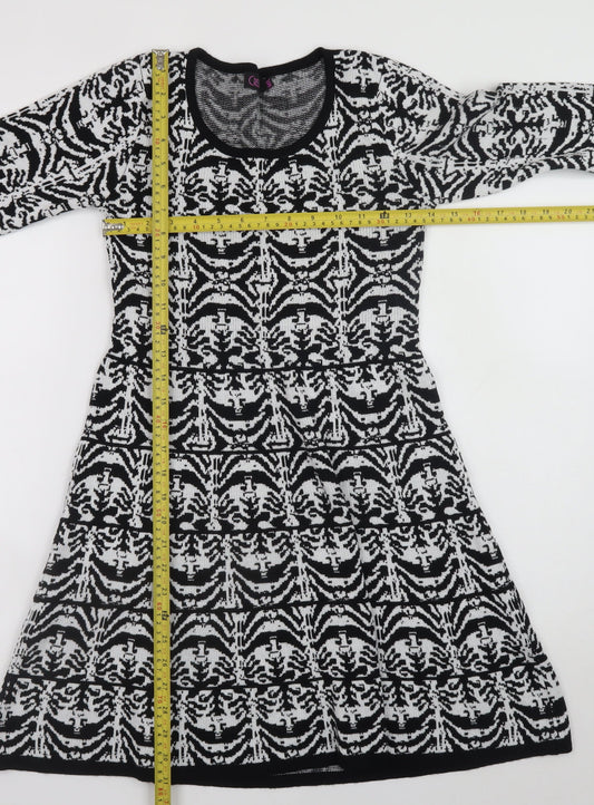 Cristina Women Black Geometric Knit A-Line Dress M Long Sleeve