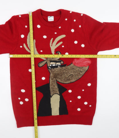 George Men's Red Christmas Reindeer Jumper M Crew Neck Knit