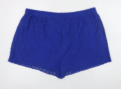 F&F Women Blue Cotton Embroidered Elastic Waist Shorts UK 20