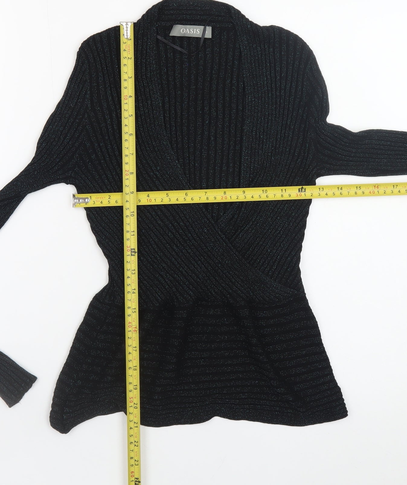 Oasis Women Black Metallic V-Neck Ribbed Knit Jumper Size S