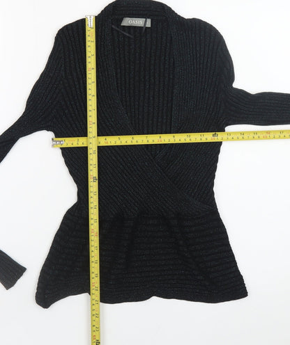 Oasis Women Black Metallic V-Neck Ribbed Knit Jumper Size S