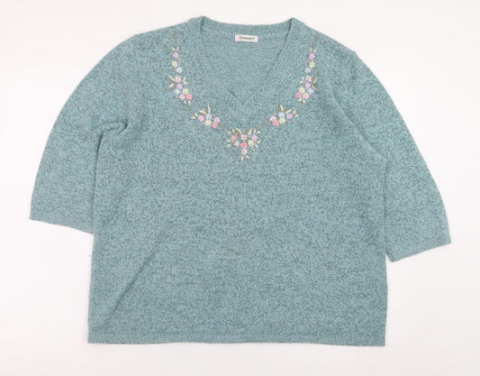 Damart Womens Green Embroidered V-Neck 3/4 Sleeve Jumper L 18/20