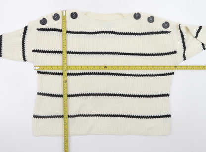 New Look Women Ivory Striped Button Shoulder Knit Jumper Size S