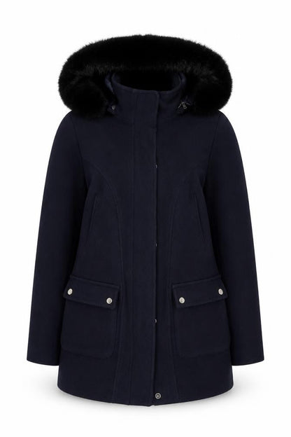Monsoon Women's Navy Blue Wool Blend Hooded Fur Trim Coat Size 12