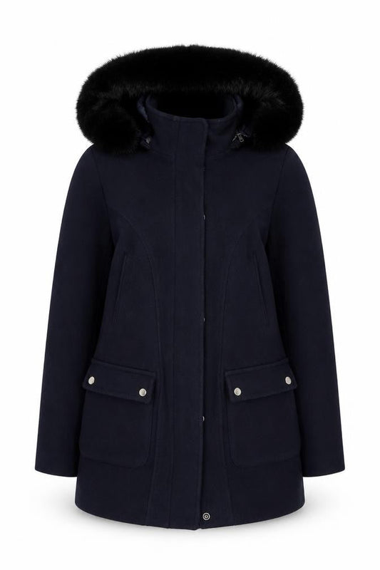 Monsoon Women's Navy Blue Wool Blend Hooded Fur Trim Coat Size 12