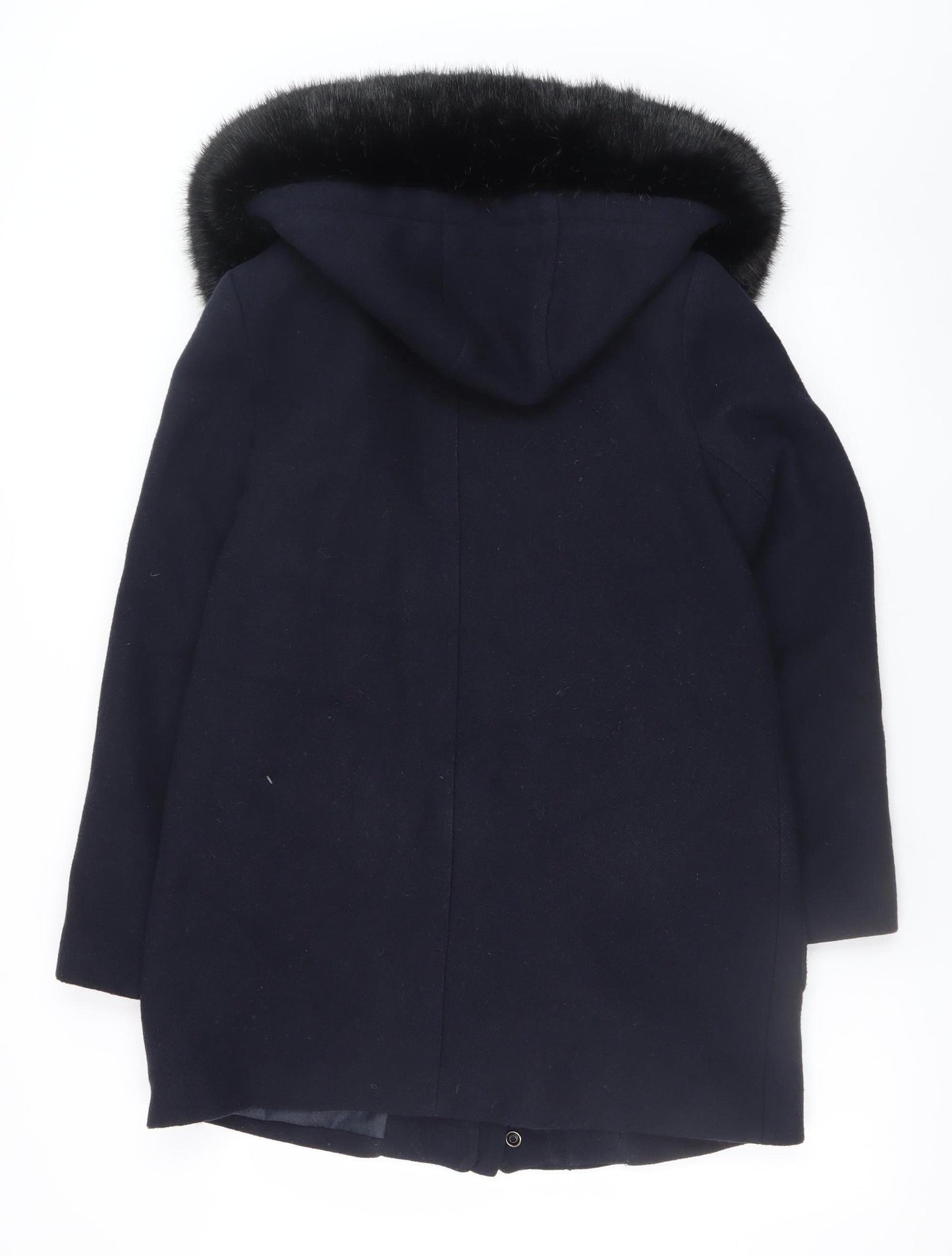 Monsoon Women's Navy Blue Wool Blend Hooded Fur Trim Coat Size 12