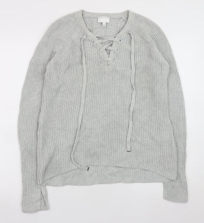 Witchery Women Grey Cotton Lace-Up V-Neck Knit Jumper Size S