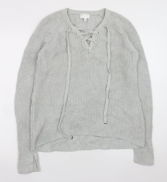 Witchery Women Grey Cotton Lace-Up V-Neck Knit Jumper Size S