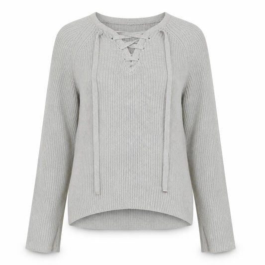 Witchery Women Grey Cotton Lace-Up V-Neck Knit Jumper Size S