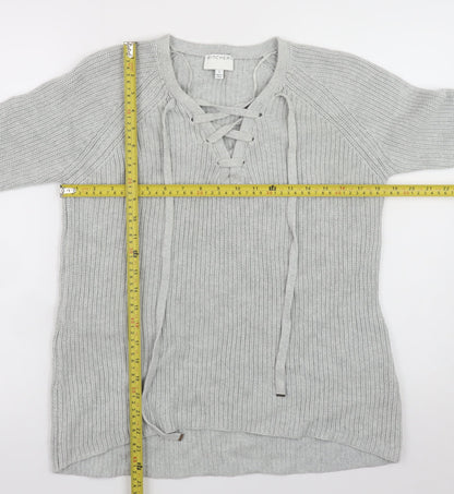 Witchery Women Grey Cotton Lace-Up V-Neck Knit Jumper Size S
