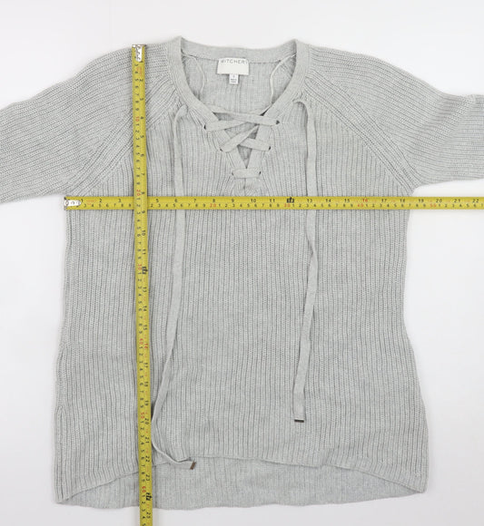 Witchery Women Grey Cotton Lace-Up V-Neck Knit Jumper Size S