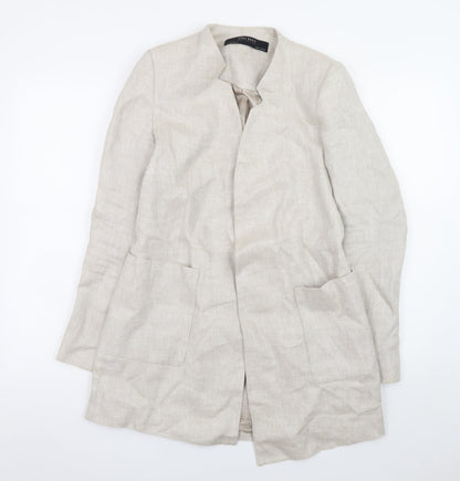 Zara Women Beige Linen Blazer Jacket Size S Casual Mid-Length