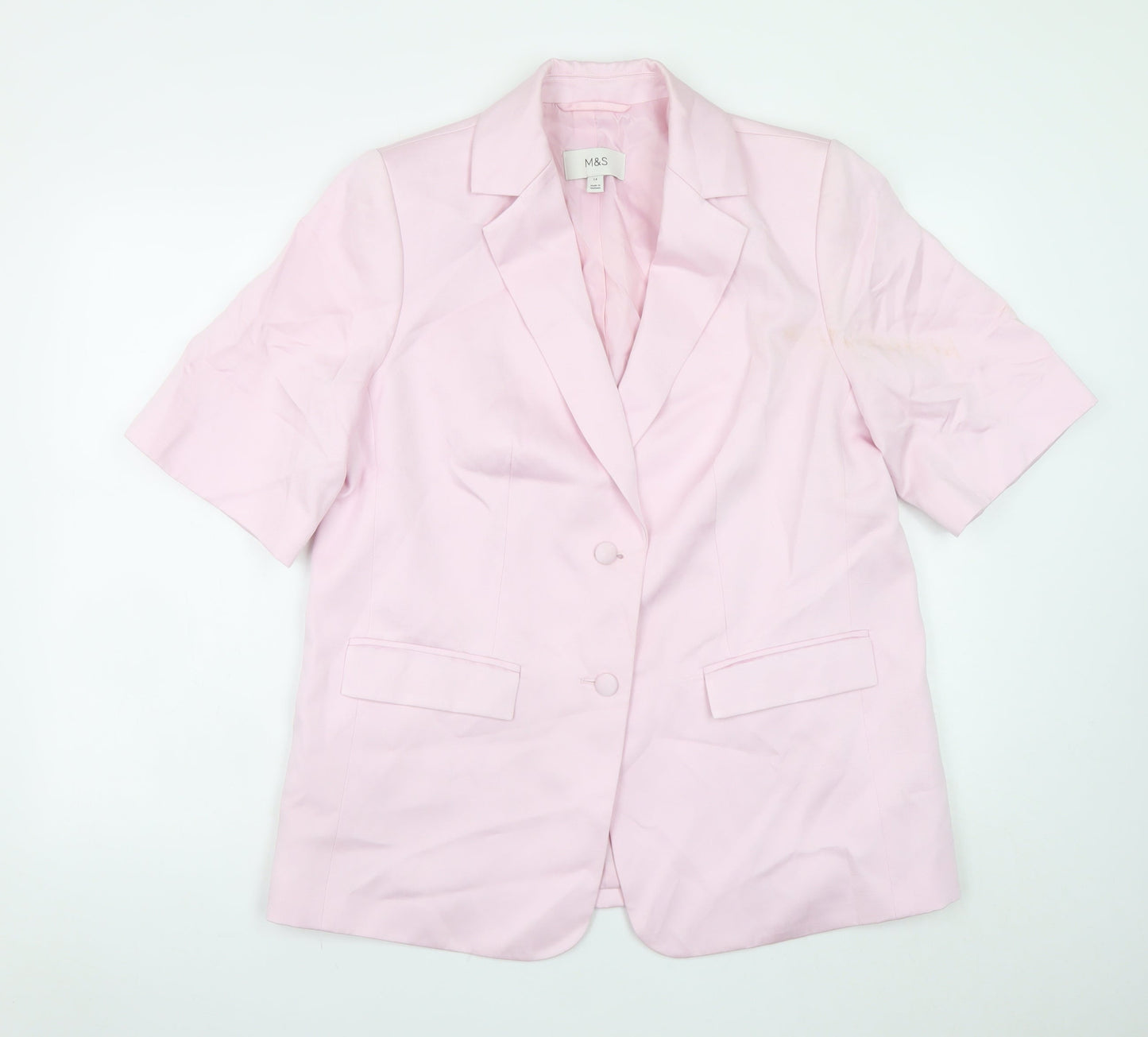 Marks and Spencer Womens Pink Blazer Size 14 Short Sleeve Cotton Blend