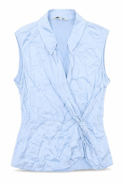 Next Women Blue Viscose Wrap Blouse Size 10 Sleeveless Collared Top